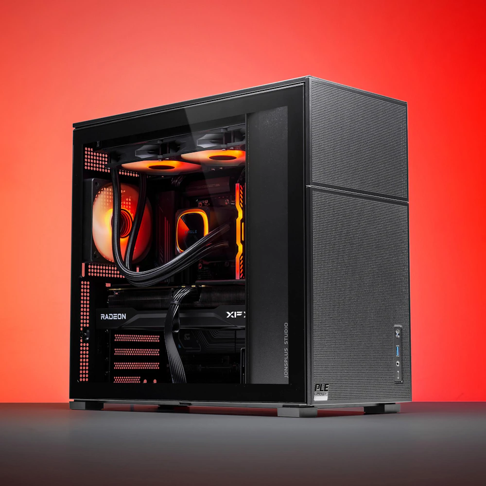 A large main feature product image of PLE Blaze RX 9070 XT Prebuilt Ready To Go Gaming PC