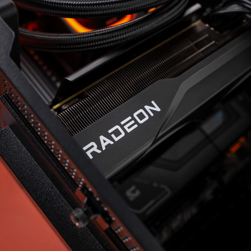 A large main feature product image of PLE Blaze RX 9070 XT Prebuilt Ready To Go Gaming PC