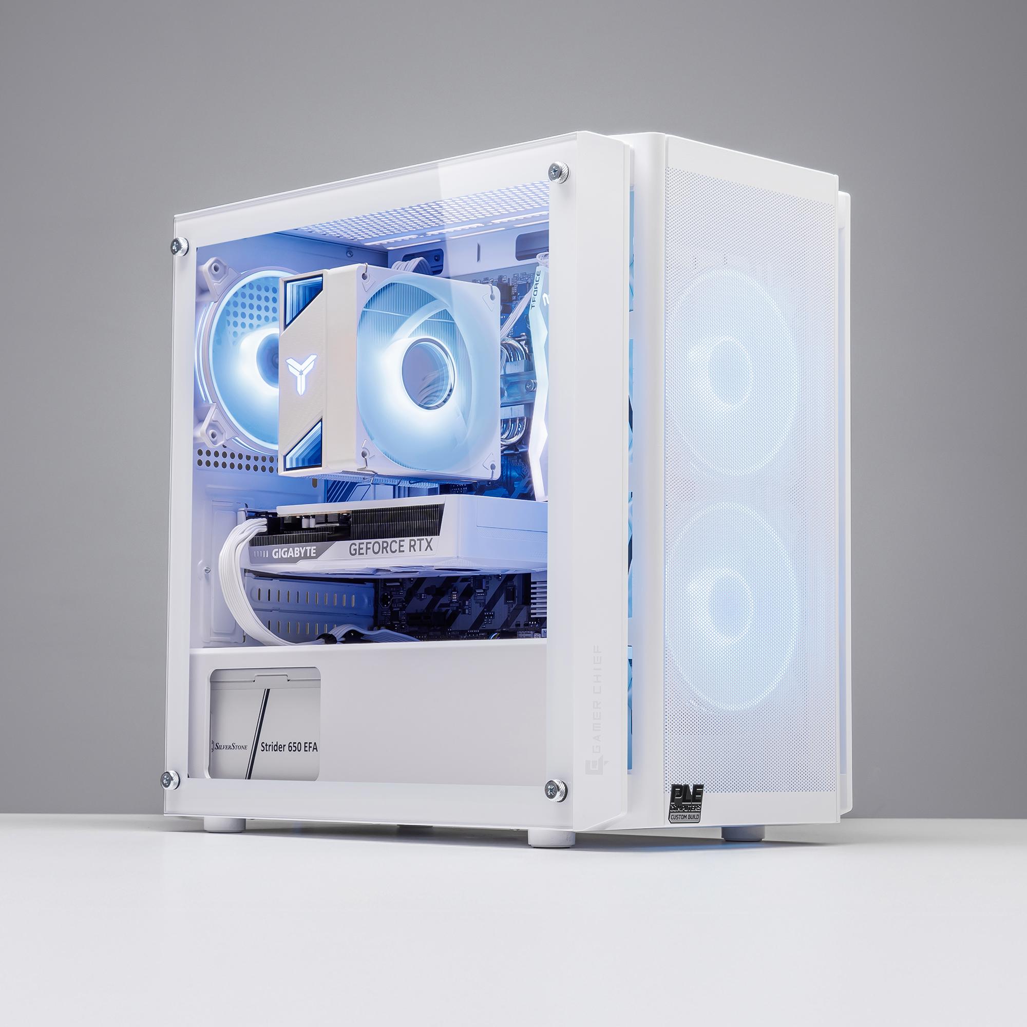 A large main feature product image of EX-DEMO PLE Frost RTX 5060 Prebuilt Ready To Go Gaming PC