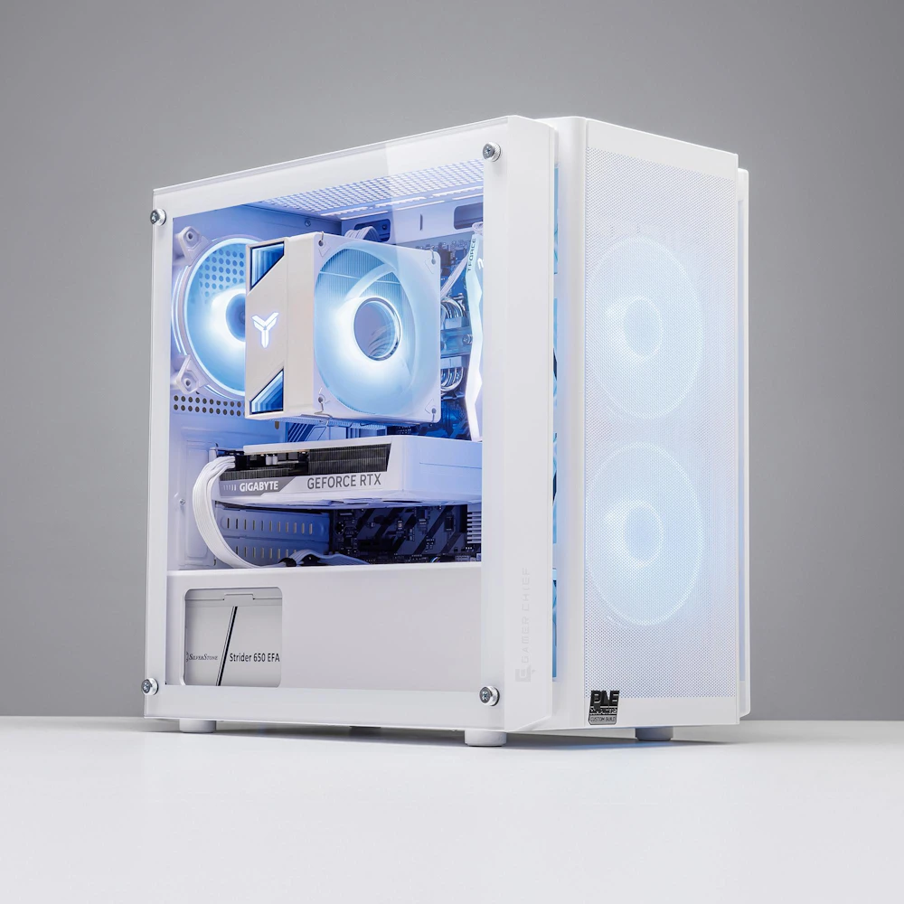 A large main feature product image of EX-DEMO PLE Frost RTX 5060 Prebuilt Ready To Go Gaming PC