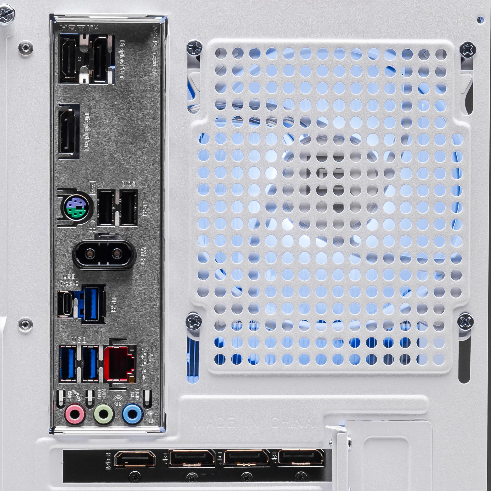 A large main feature product image of EX-DEMO PLE Frost RTX 5060 Prebuilt Ready To Go Gaming PC