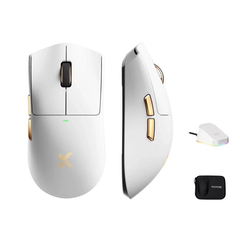 A large main feature product image of EX-DEMO MCHOSE K7 Ultra 8K Lightweight Wireless Gaming Mouse with Charging Dock and Carry Case - White Gold
