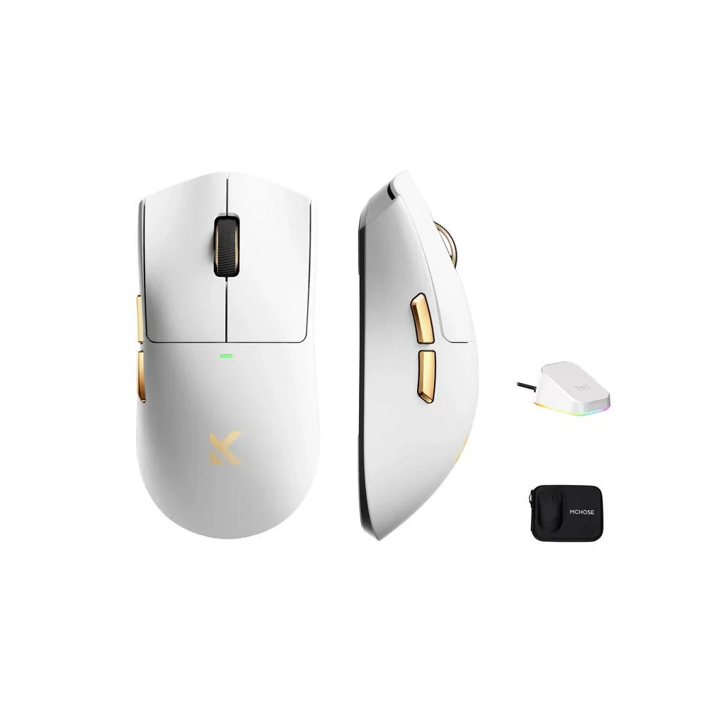 A large main feature product image of EX-DEMO MCHOSE K7 Ultra 8K Lightweight Wireless Gaming Mouse with Charging Dock and Carry Case - White Gold