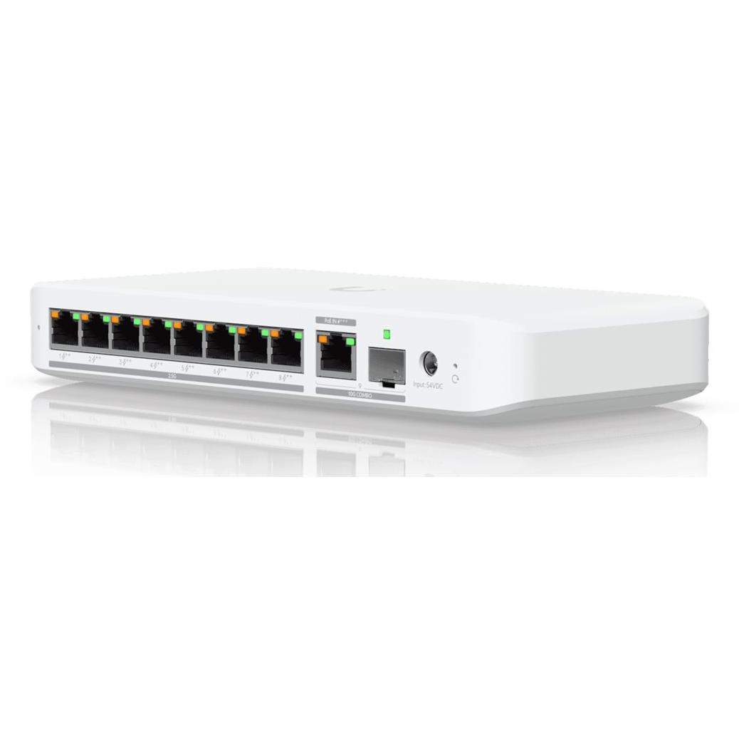 A large main feature product image of EX-DEMO Ubiquiti UniFi Flex 8-Port 2.5GbE PoE++ Switch