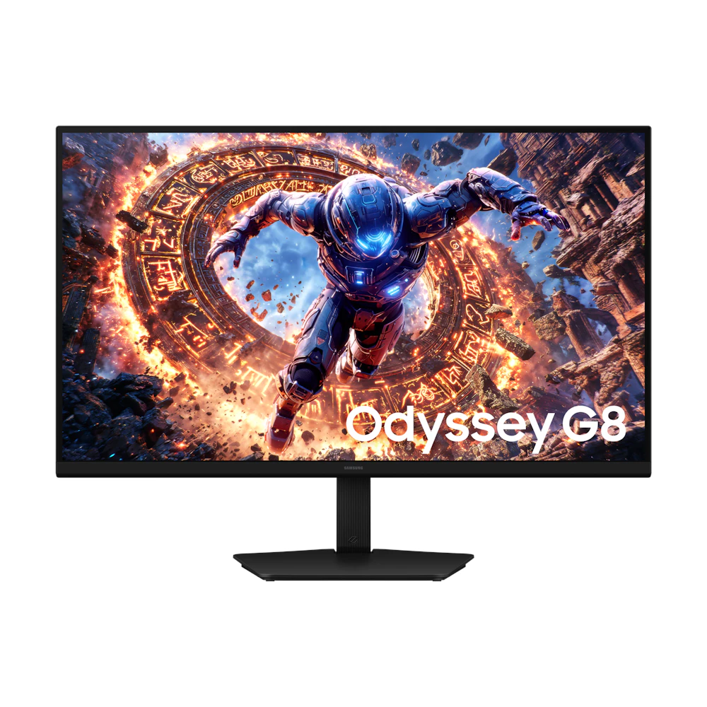 A large main feature product image of Samsung Odyssey G8 G80HS - 32" 6K 165Hz / 3K 330Hz Dual Mode Fast IPS Gaming Monitor