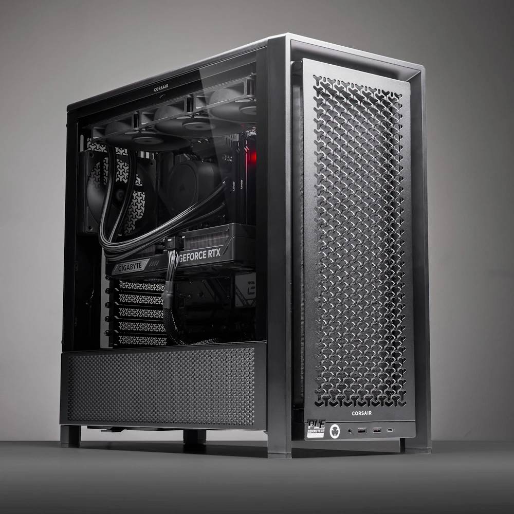 A large main feature product image of PLE Blackout RTX 5080 Prebuilt Ready To Go Gaming PC