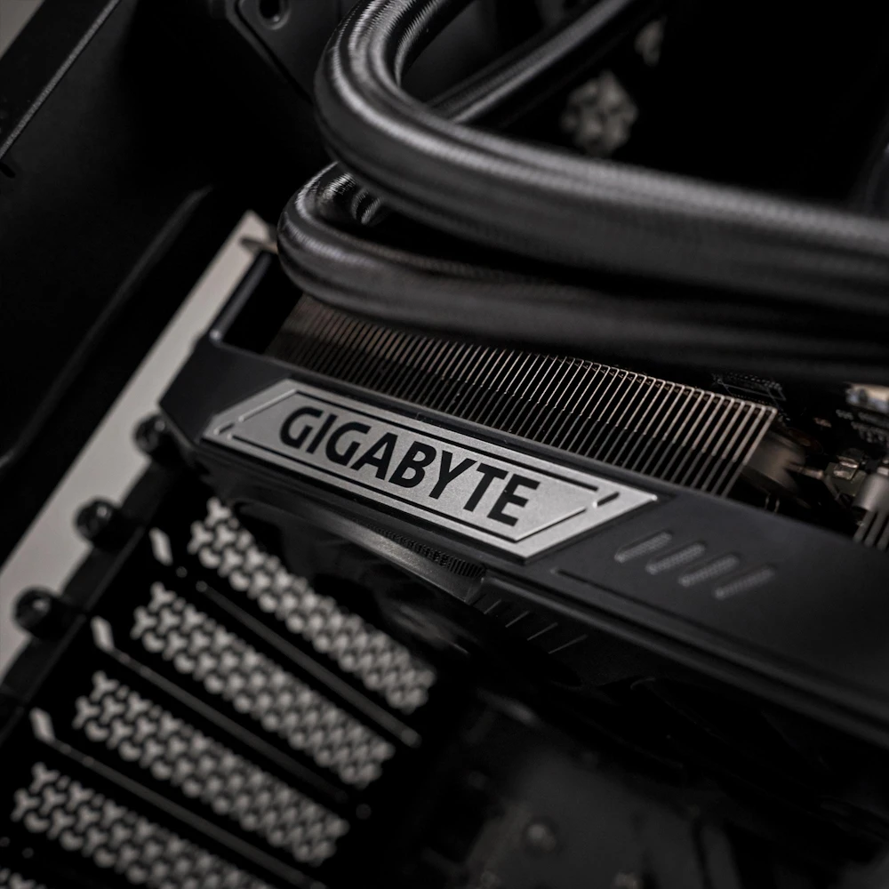 A large main feature product image of PLE Blackout RTX 5080 Prebuilt Ready To Go Gaming PC
