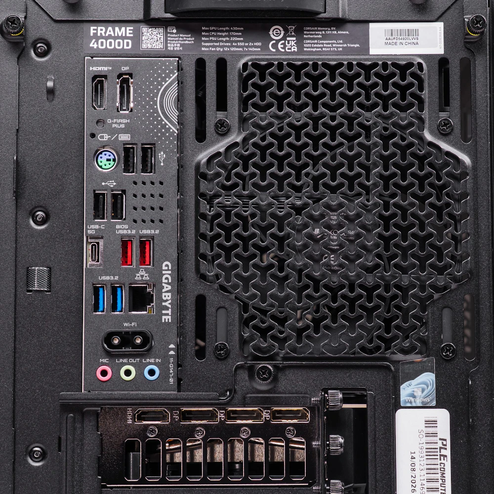 A large main feature product image of PLE Blackout RTX 5080 Prebuilt Ready To Go Gaming PC