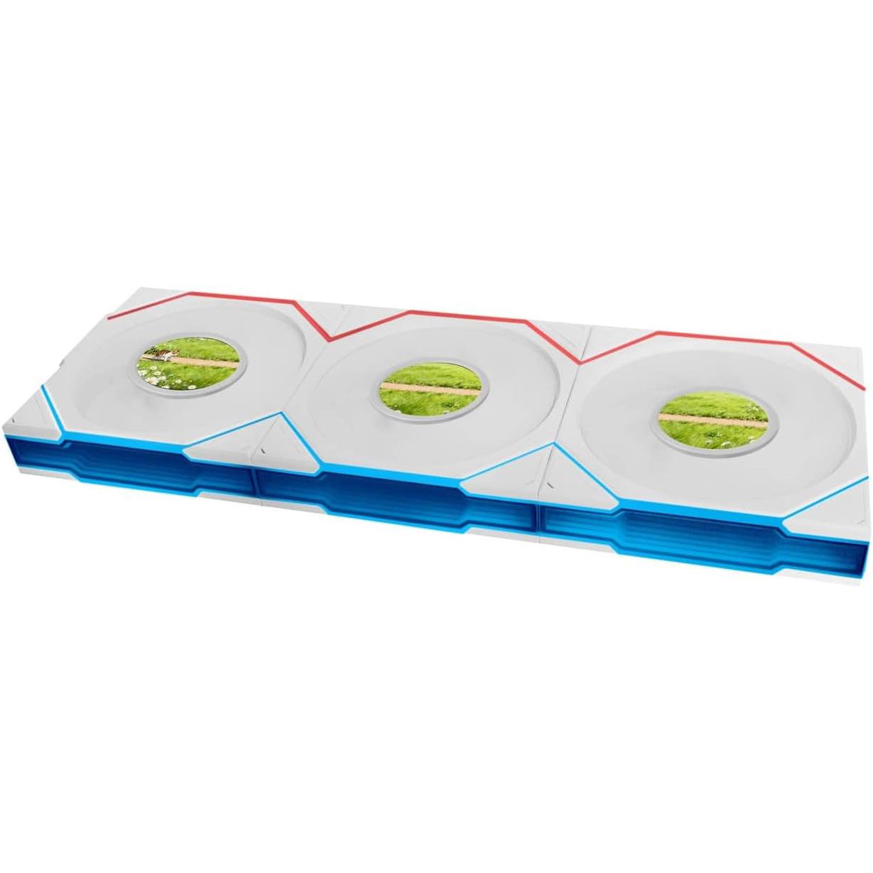 A large main feature product image of Lian LI UNI FAN TL120 LCD FLEX - 120mm Modular LCP Wireless PWM Reverse Blade Fan 3-Pack (White)