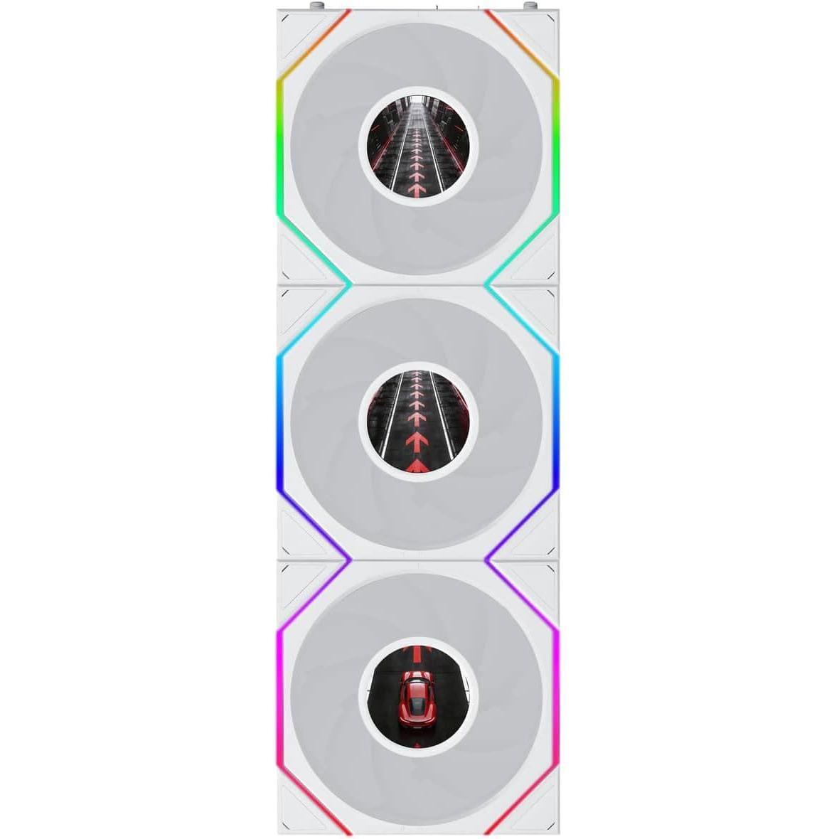 A large main feature product image of Lian LI UNI FAN TL120 LCD FLEX - 120mm Modular LCP Wireless PWM Reverse Blade Fan 3-Pack (White)