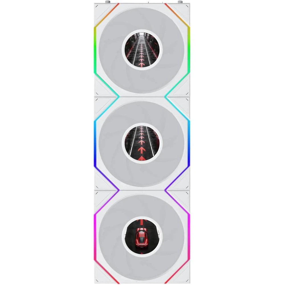 A large main feature product image of Lian LI UNI FAN TL120 LCD FLEX - 120mm Modular LCP Wireless PWM Reverse Blade Fan 3-Pack (White)