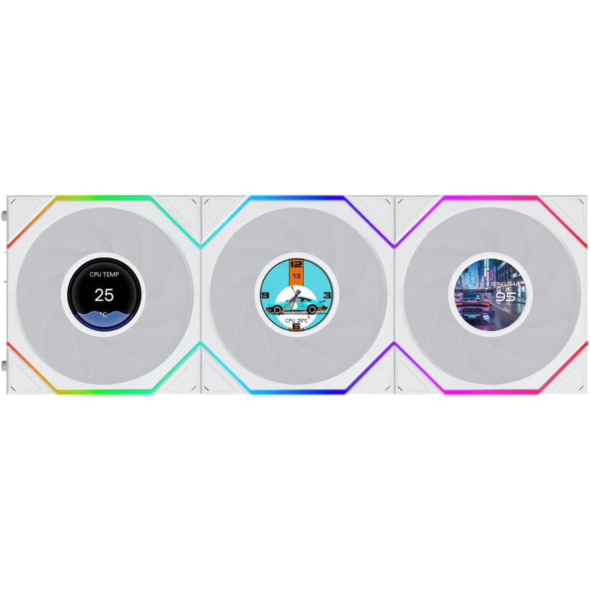 A large main feature product image of Lian LI UNI FAN TL120 LCD FLEX - 120mm Modular LCP Wireless PWM Reverse Blade Fan 3-Pack (White)