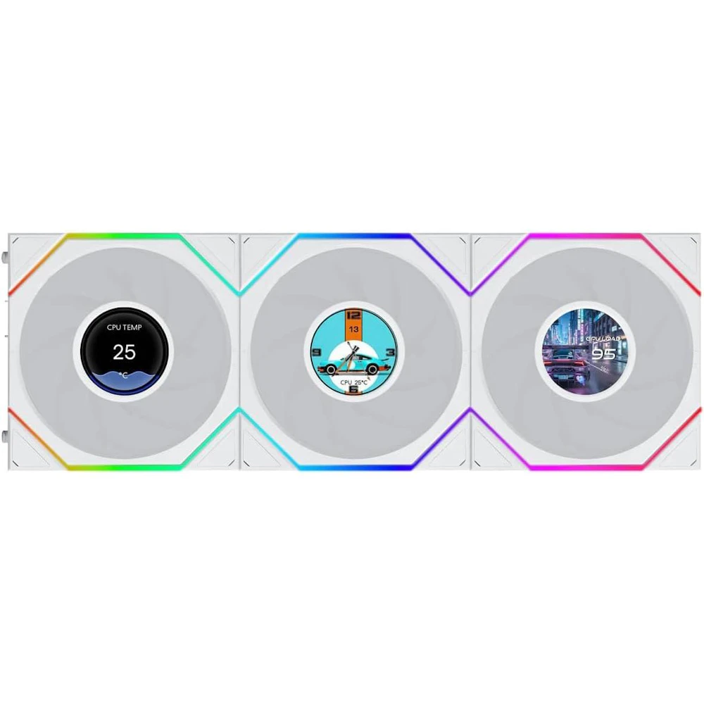 A large main feature product image of Lian LI UNI FAN TL120 LCD FLEX - 120mm Modular LCP Wireless PWM Reverse Blade Fan 3-Pack (White)