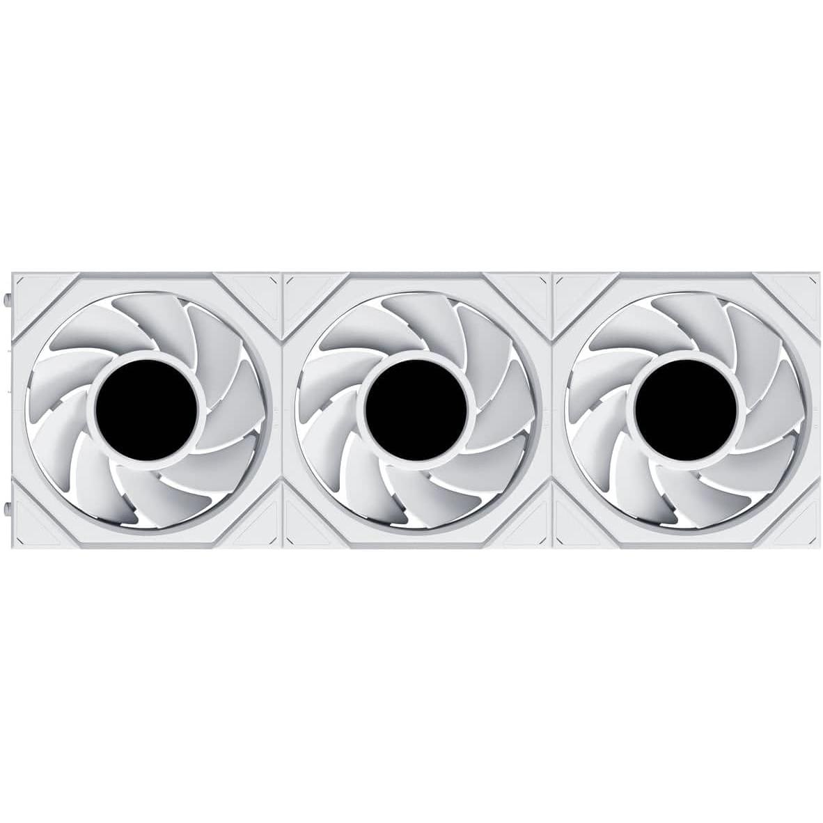 A large main feature product image of Lian LI UNI FAN TL120 LCD FLEX - 120mm Modular LCP Wireless PWM Reverse Blade Fan 3-Pack (White)