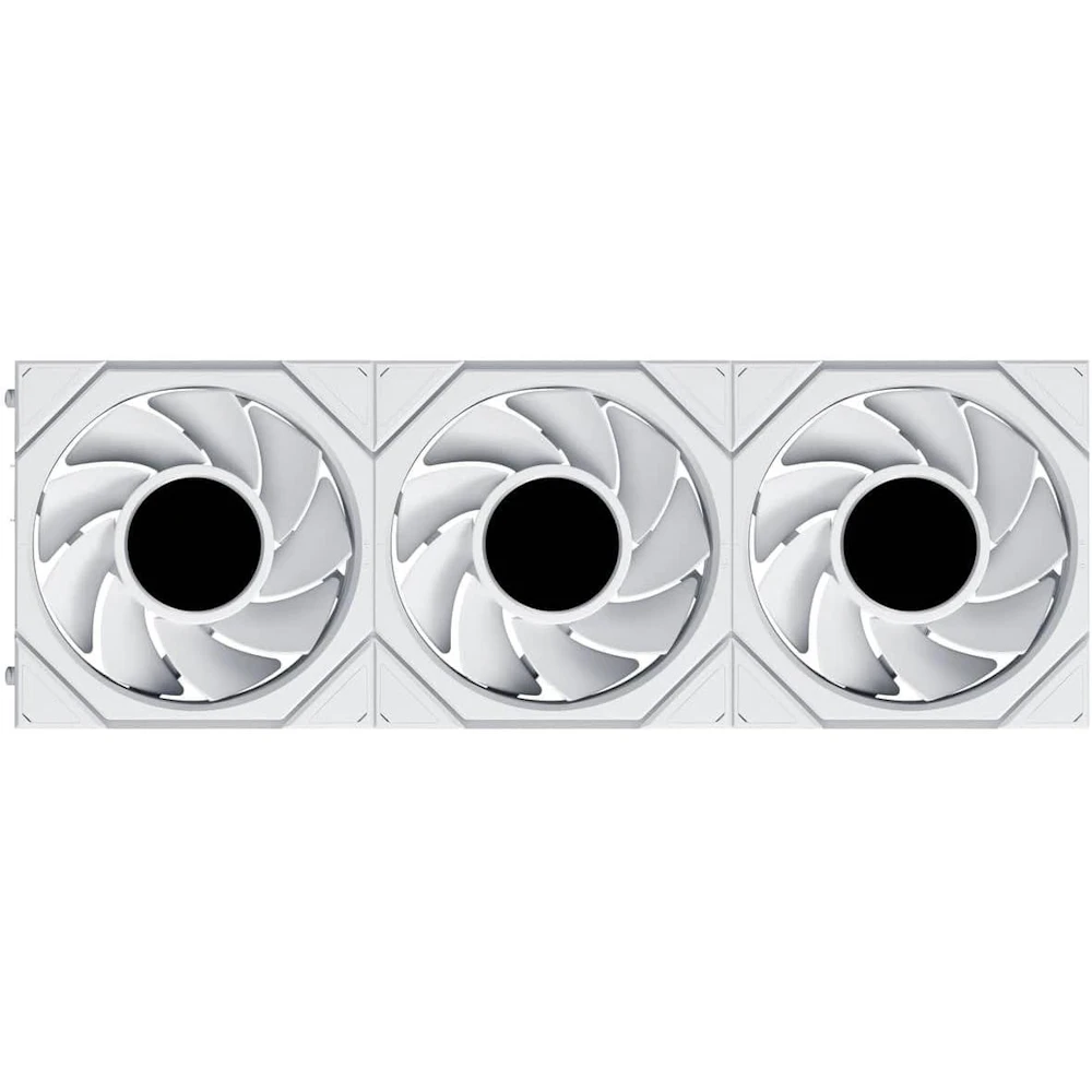 A large main feature product image of Lian LI UNI FAN TL120 LCD FLEX - 120mm Modular LCP Wireless PWM Reverse Blade Fan 3-Pack (White)