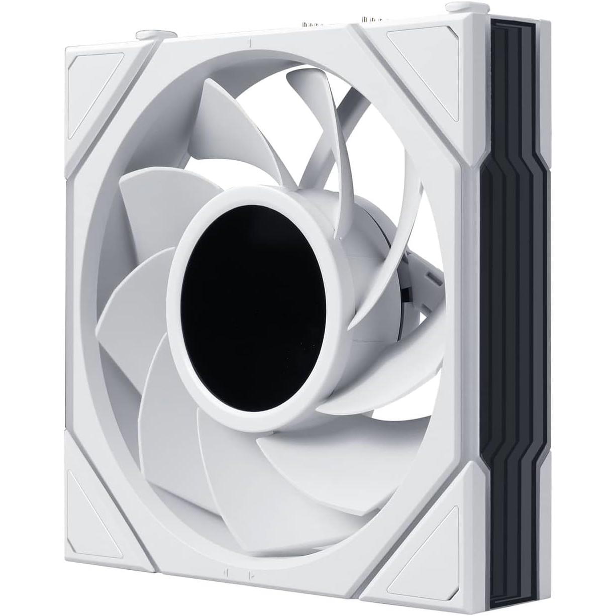 A large main feature product image of Lian LI UNI FAN TL120 LCD FLEX - 120mm Modular LCP Wireless PWM Reverse Blade Fan 3-Pack (White)