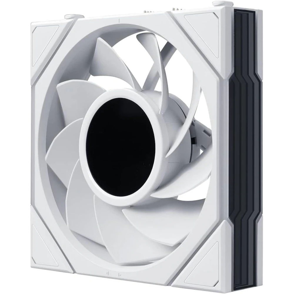 A large main feature product image of Lian LI UNI FAN TL120 LCD FLEX - 120mm Modular LCP Wireless PWM Reverse Blade Fan 3-Pack (White)