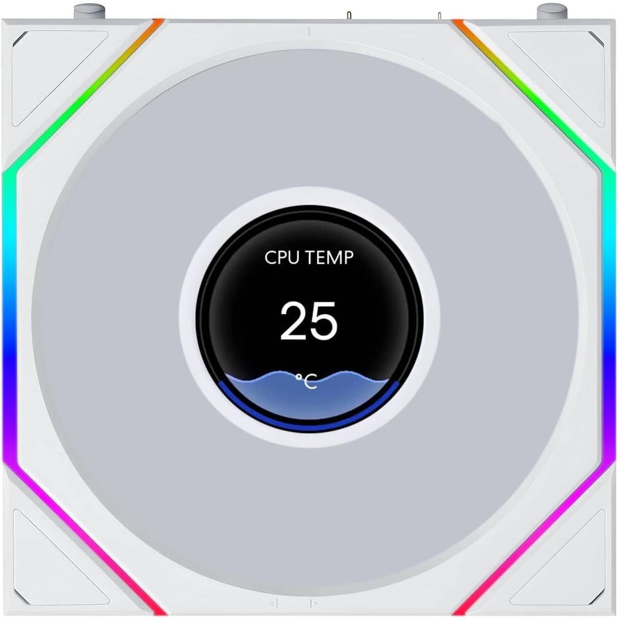 A large main feature product image of Lian LI UNI FAN TL120 LCD FLEX - 120mm Modular LCP Wireless PWM Reverse Blade Fan 3-Pack (White)