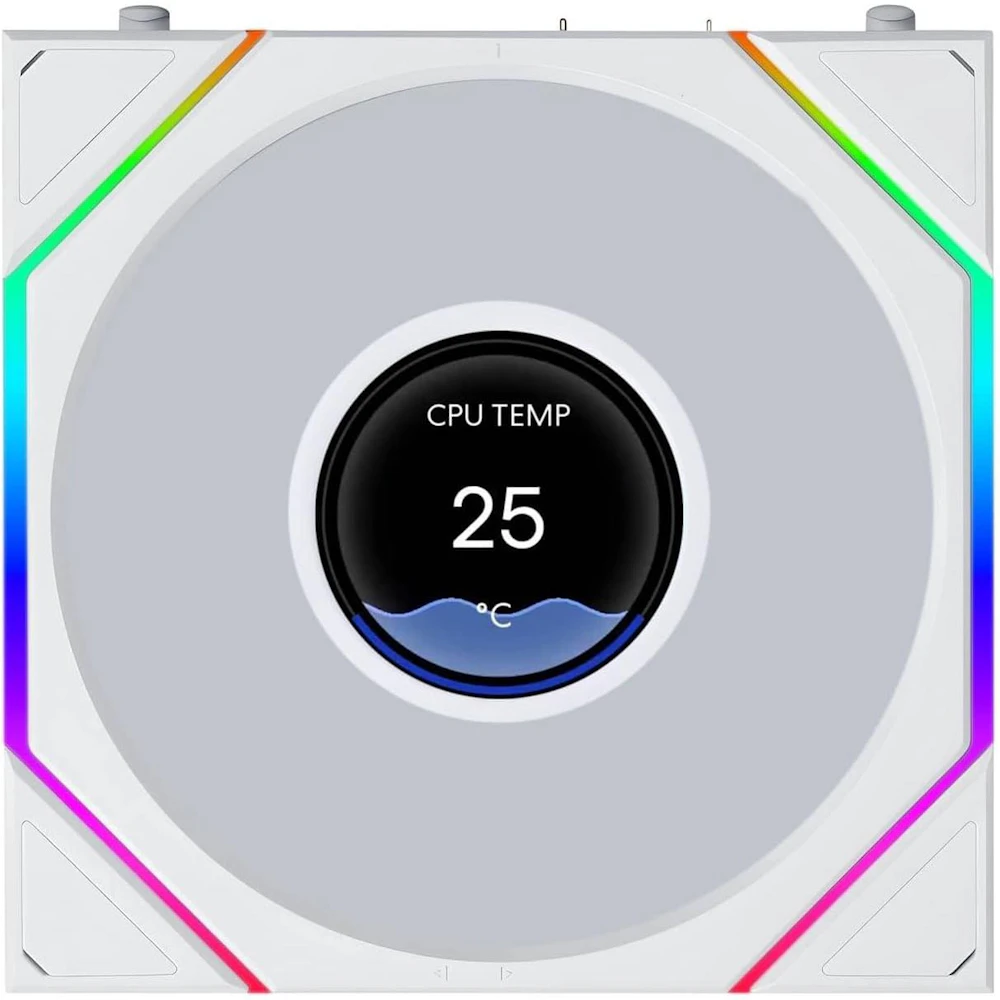 A large main feature product image of Lian LI UNI FAN TL120 LCD FLEX - 120mm Modular LCP Wireless PWM Reverse Blade Fan 3-Pack (White)