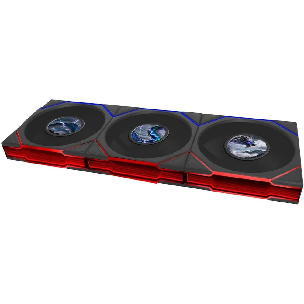 A large main feature product image of Lian LI UNI FAN TL120 LCD FLEX - 120mm Modular LCP Wireless PWM Reverse Blade Fan 3-Pack (Black)