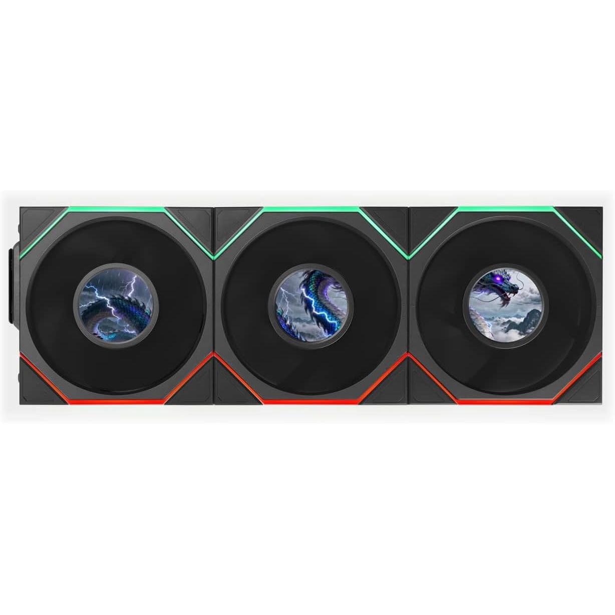 A large main feature product image of Lian LI UNI FAN TL120 LCD FLEX - 120mm Modular LCP Wireless PWM Reverse Blade Fan 3-Pack (Black)