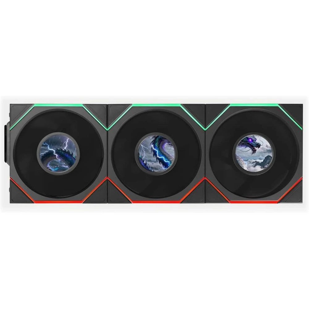 A large main feature product image of Lian LI UNI FAN TL120 LCD FLEX - 120mm Modular LCP Wireless PWM Reverse Blade Fan 3-Pack (Black)