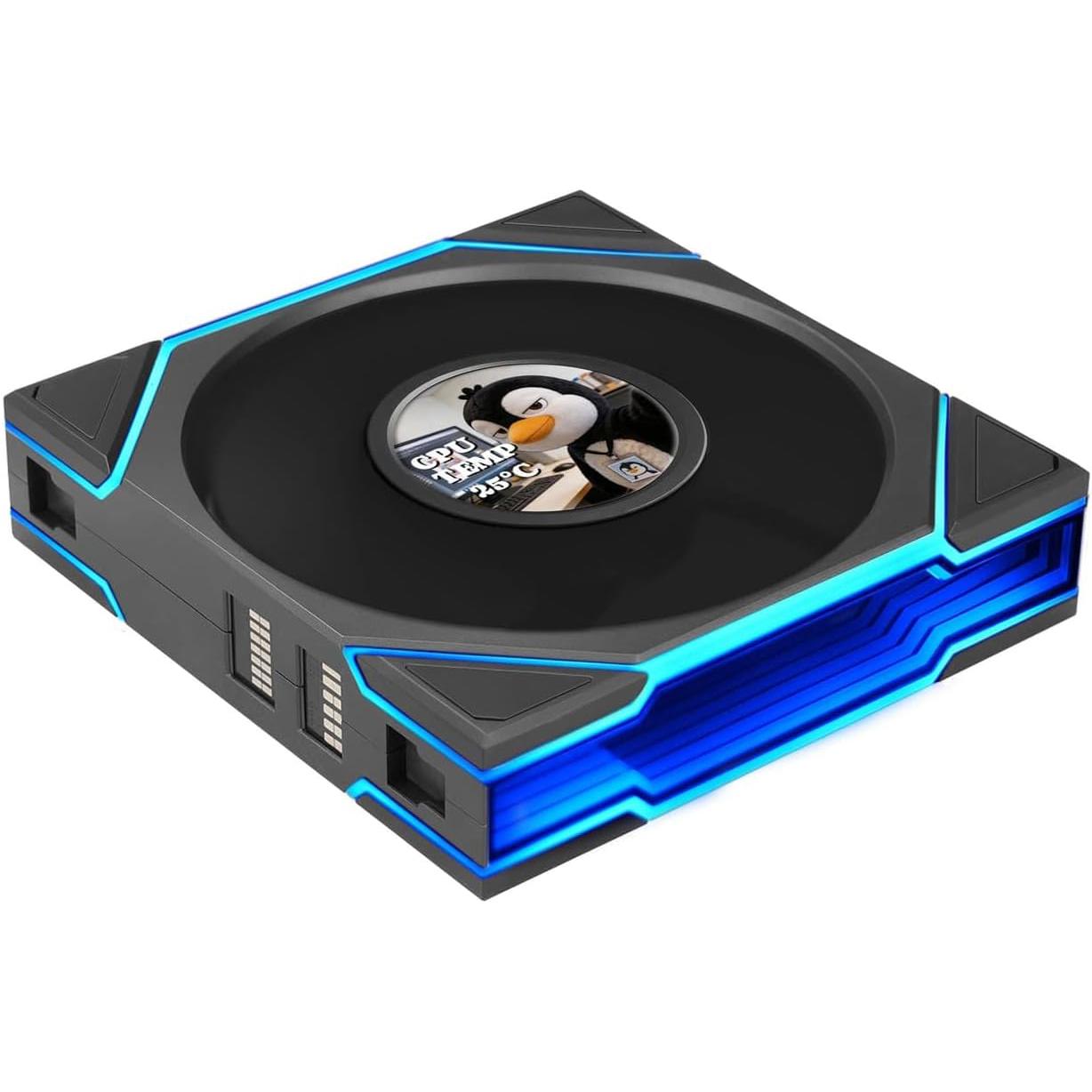 A large main feature product image of Lian LI UNI FAN TL120 LCD FLEX - 120mm Modular LCP Wireless PWM Reverse Blade Fan 3-Pack (Black)