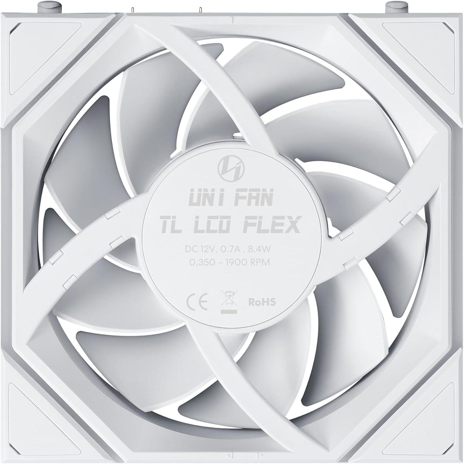 A large main feature product image of Lian LI UNI FAN TL120 LCD FLEX - 120mm Modular LCP Wireless PWM Reverse Blade Fan (White)
