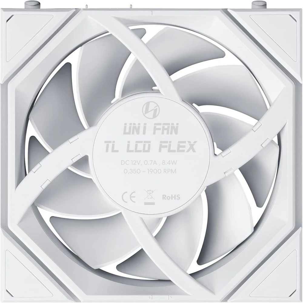 A large main feature product image of Lian LI UNI FAN TL120 LCD FLEX - 120mm Modular LCP Wireless PWM Reverse Blade Fan (White)