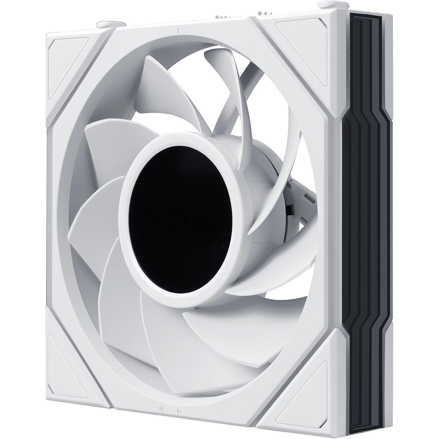 A large main feature product image of Lian LI UNI FAN TL120 LCD FLEX - 120mm Modular LCP Wireless PWM Reverse Blade Fan (White)