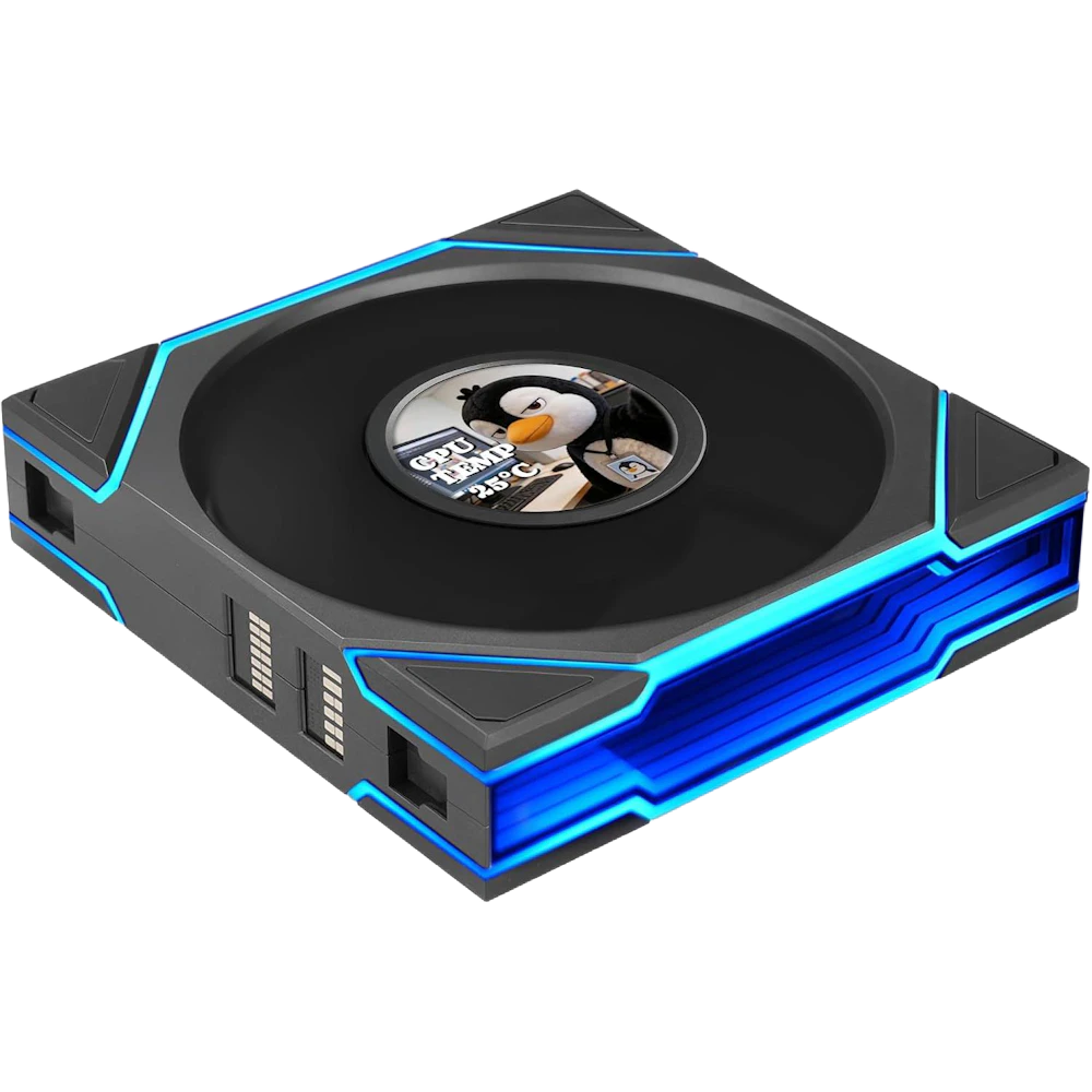 A large main feature product image of Lian LI UNI FAN TL120 LCD FLEX - 120mm Modular LCP Wireless PWM Reverse Blade Fan (Black)
