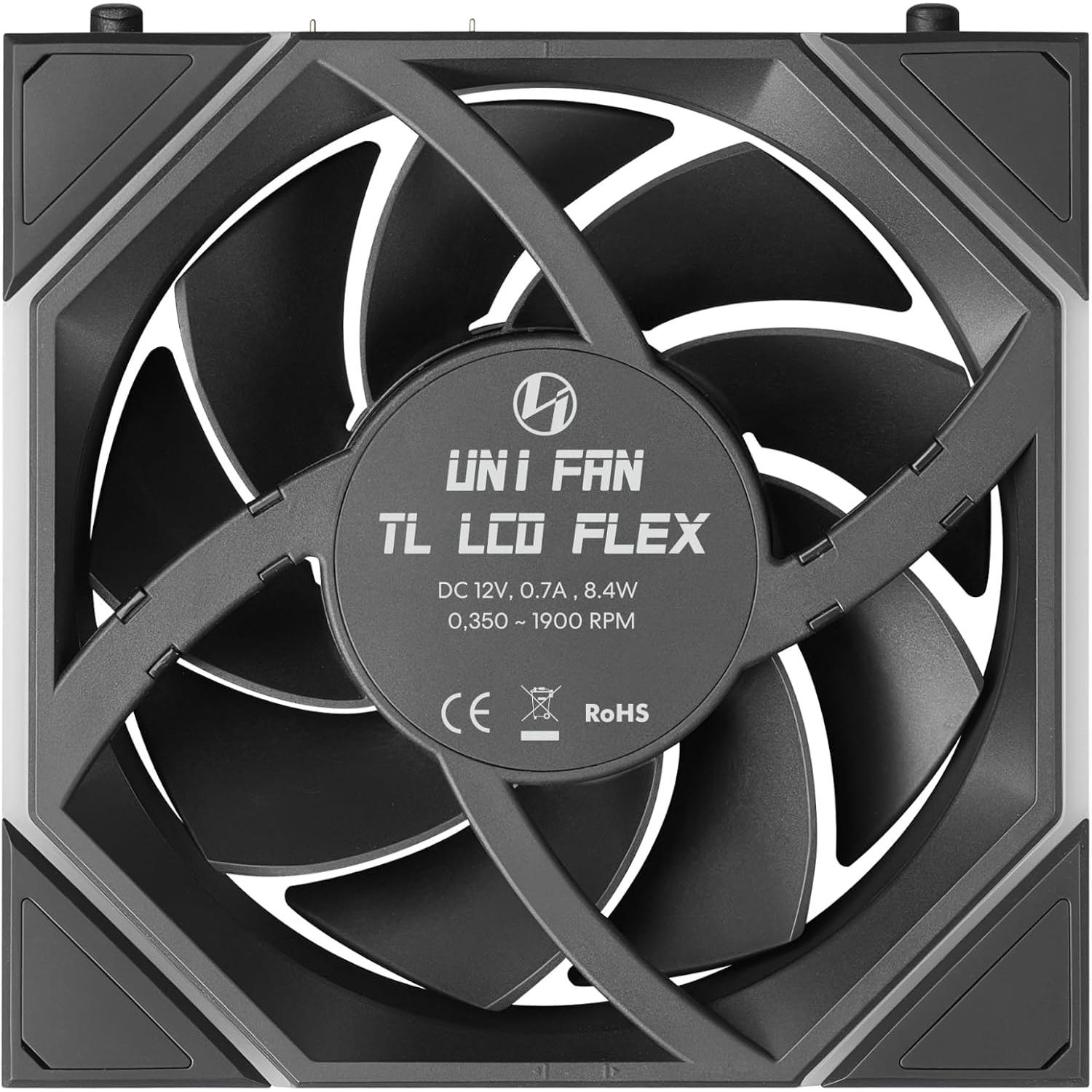 A large main feature product image of Lian LI UNI FAN TL120 LCD FLEX - 120mm Modular LCP Wireless PWM Reverse Blade Fan (Black)