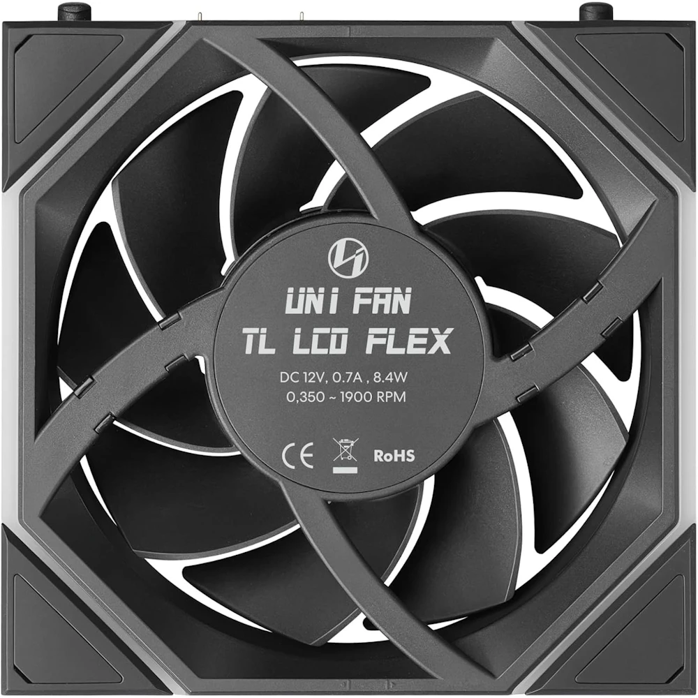 A large main feature product image of Lian LI UNI FAN TL120 LCD FLEX - 120mm Modular LCP Wireless PWM Reverse Blade Fan (Black)