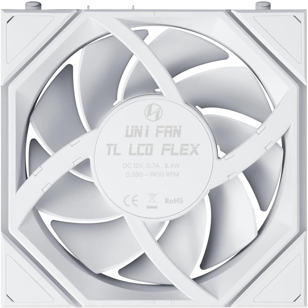 A large main feature product image of Lian LI UNI FAN TL120 LCD FLEX - 120mm Modular LCP Wireless PWM Fan 3-Pack (White)