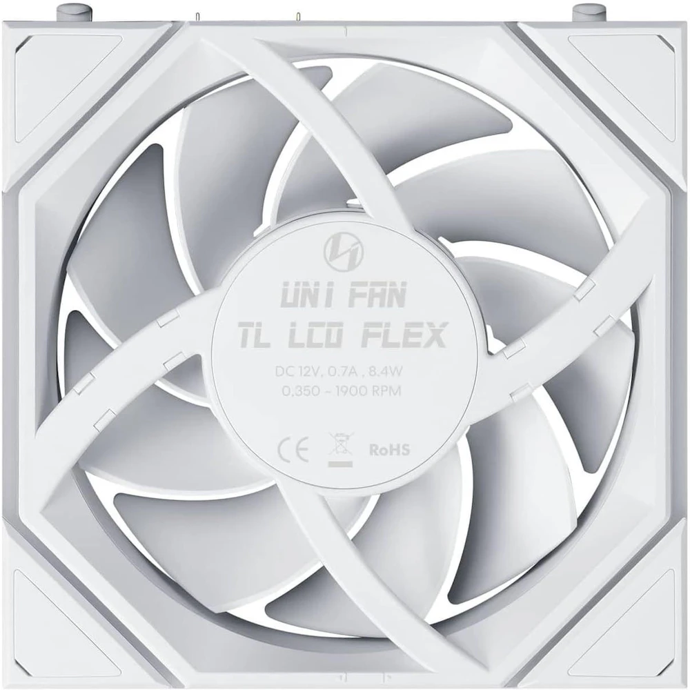 A large main feature product image of Lian LI UNI FAN TL120 LCD FLEX - 120mm Modular LCP Wireless PWM Fan 3-Pack (White)