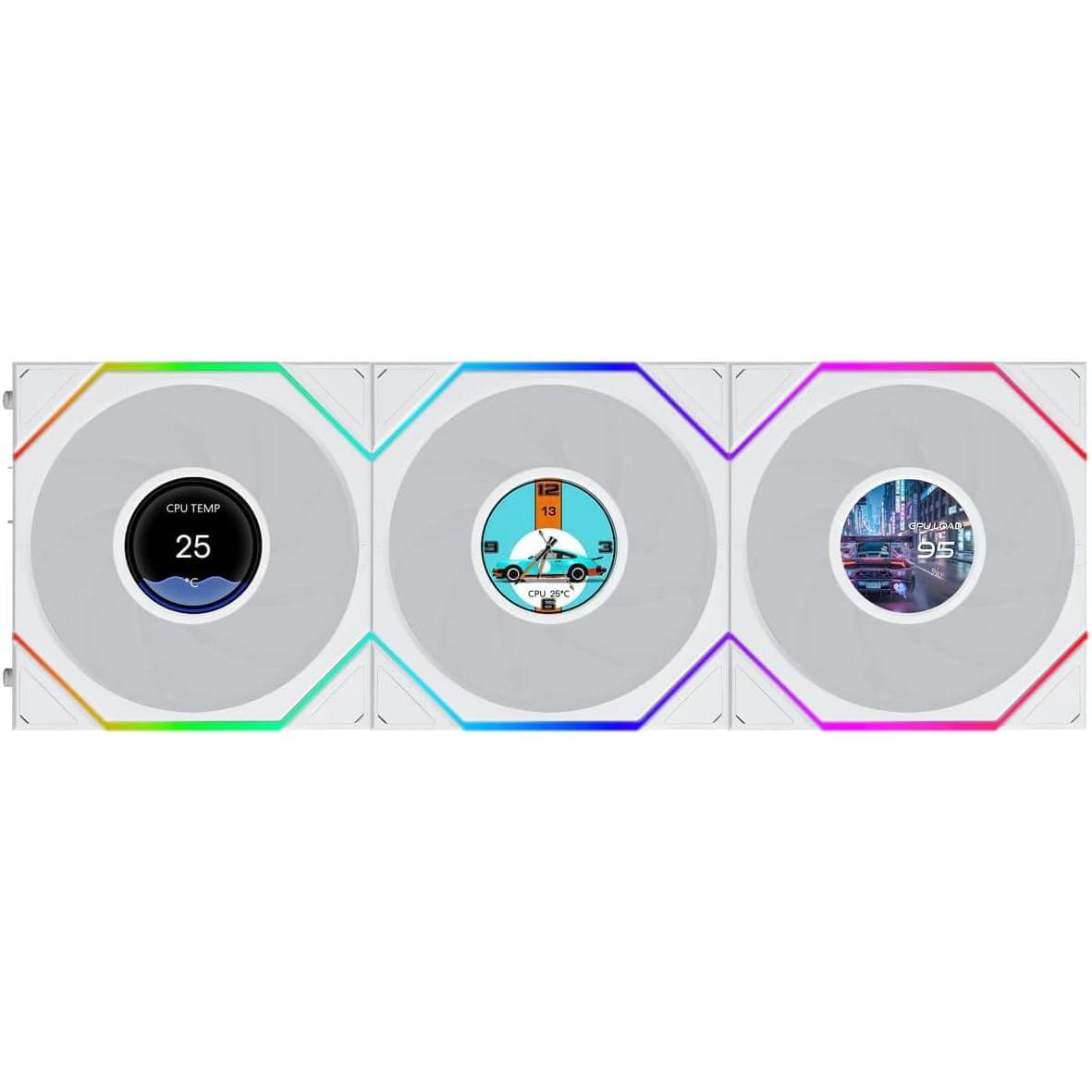 A large main feature product image of Lian LI UNI FAN TL120 LCD FLEX - 120mm Modular LCP Wireless PWM Fan 3-Pack (White)