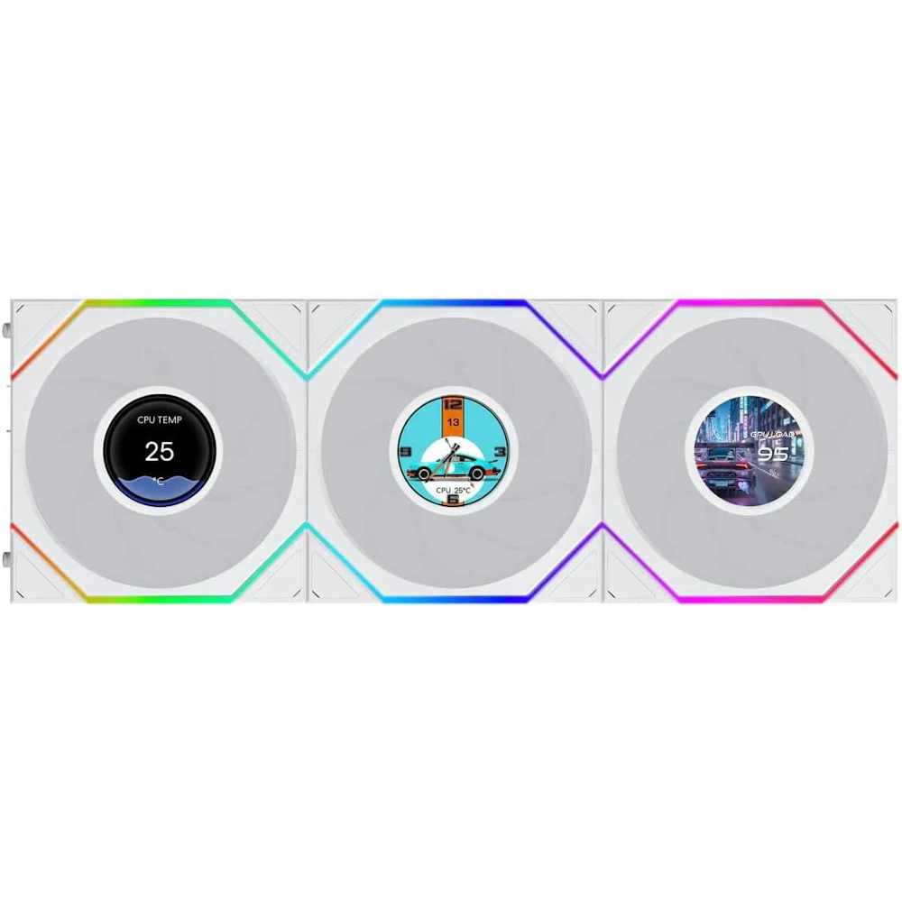 A large main feature product image of Lian LI UNI FAN TL120 LCD FLEX - 120mm Modular LCP Wireless PWM Fan 3-Pack (White)