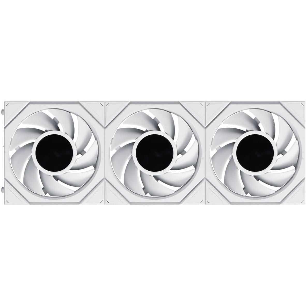 A large main feature product image of Lian LI UNI FAN TL120 LCD FLEX - 120mm Modular LCP Wireless PWM Fan 3-Pack (White)