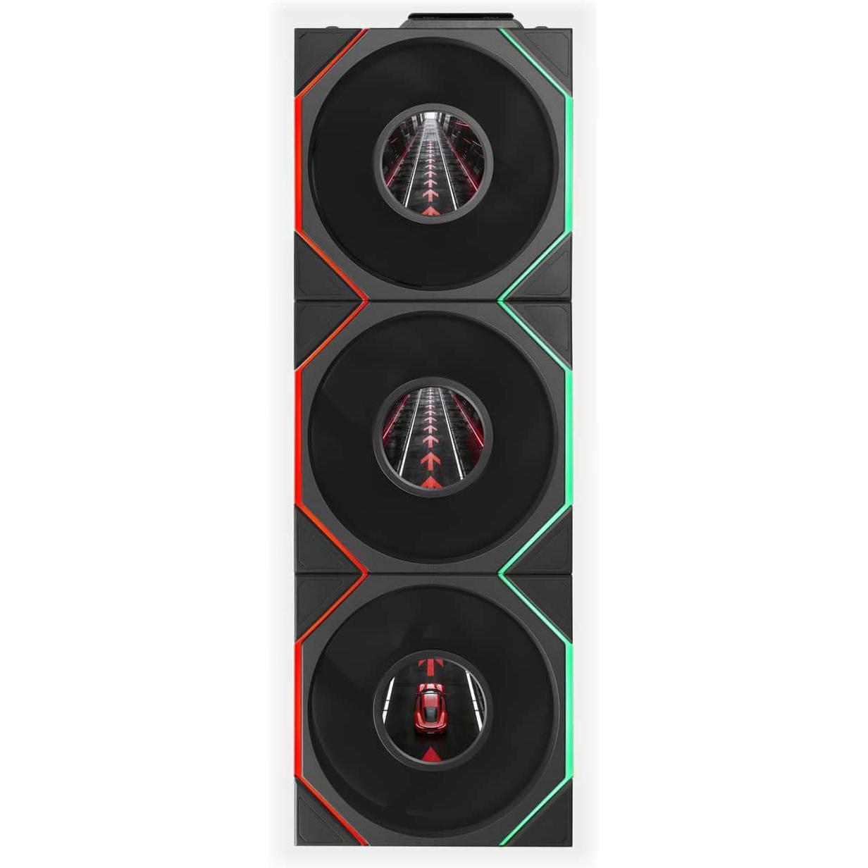 A large main feature product image of Lian LI UNI FAN TL120 LCD FLEX - 120mm Modular LCP Wireless PWM Fan 3-Pack (Black)