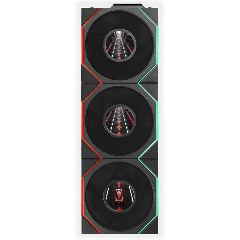 A large main feature product image of Lian LI UNI FAN TL120 LCD FLEX - 120mm Modular LCP Wireless PWM Fan 3-Pack (Black)