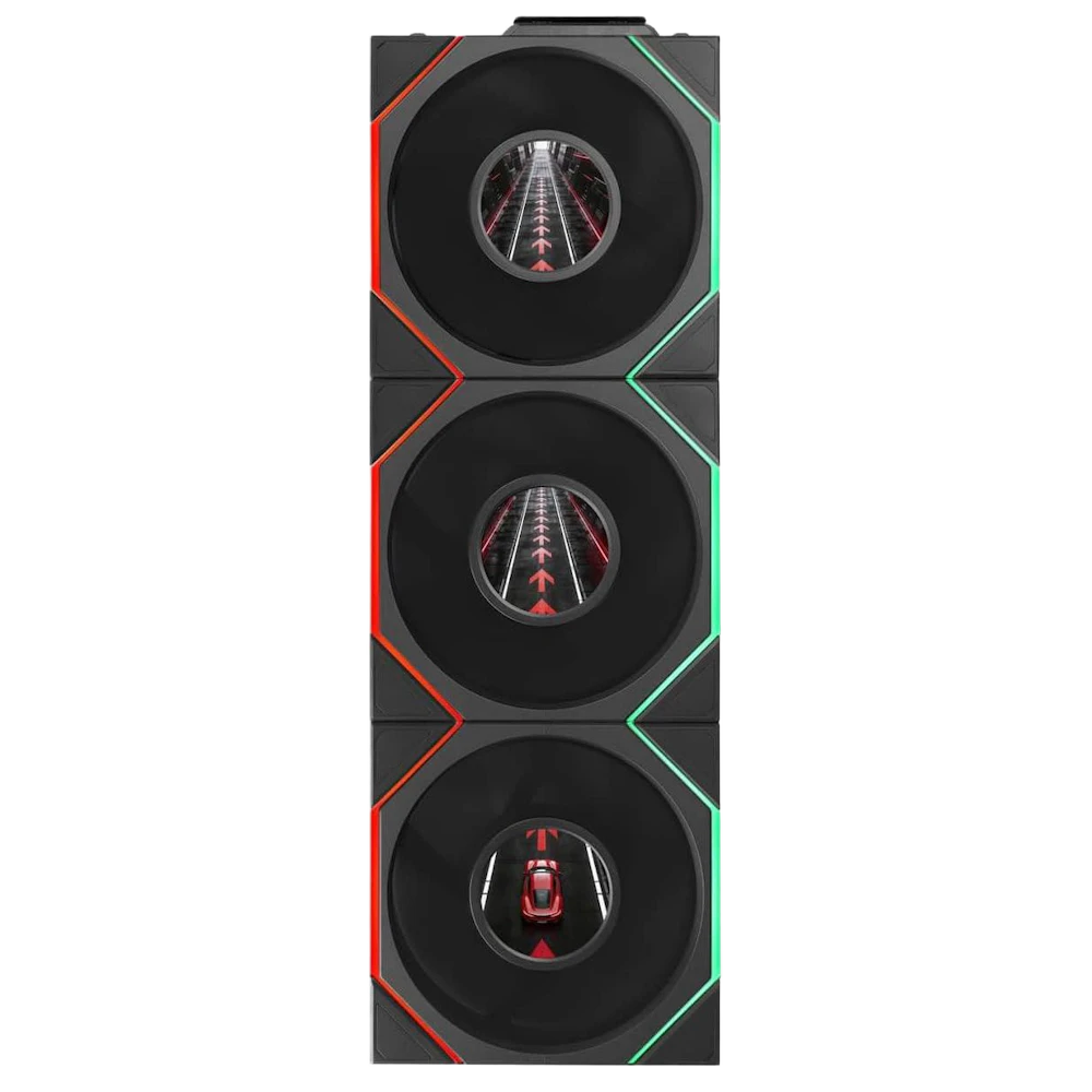 A large main feature product image of Lian LI UNI FAN TL120 LCD FLEX - 120mm Modular LCP Wireless PWM Fan 3-Pack (Black)