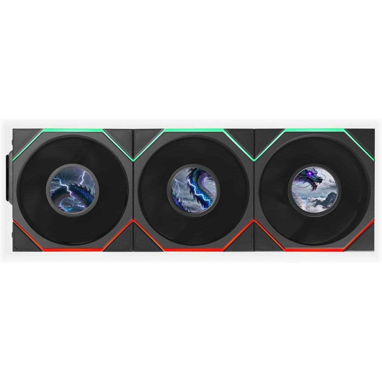 A large main feature product image of Lian LI UNI FAN TL120 LCD FLEX - 120mm Modular LCP Wireless PWM Fan 3-Pack (Black)