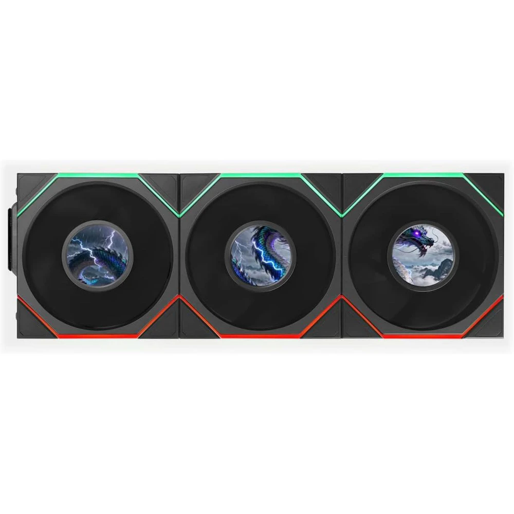 A large main feature product image of Lian LI UNI FAN TL120 LCD FLEX - 120mm Modular LCP Wireless PWM Fan 3-Pack (Black)