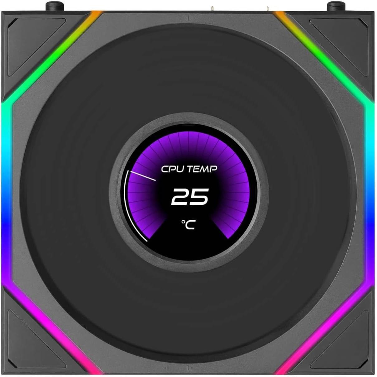 A large main feature product image of Lian LI UNI FAN TL120 LCD FLEX - 120mm Modular LCP Wireless PWM Fan 3-Pack (Black)