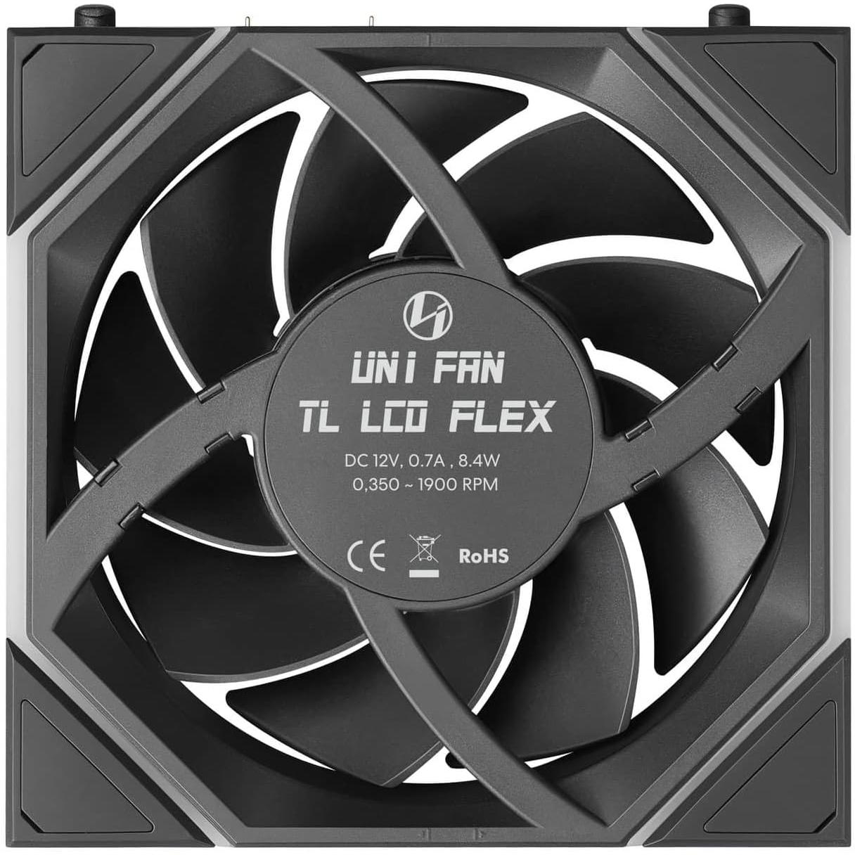 A large main feature product image of Lian LI UNI FAN TL120 LCD FLEX - 120mm Modular LCP Wireless PWM Fan 3-Pack (Black)