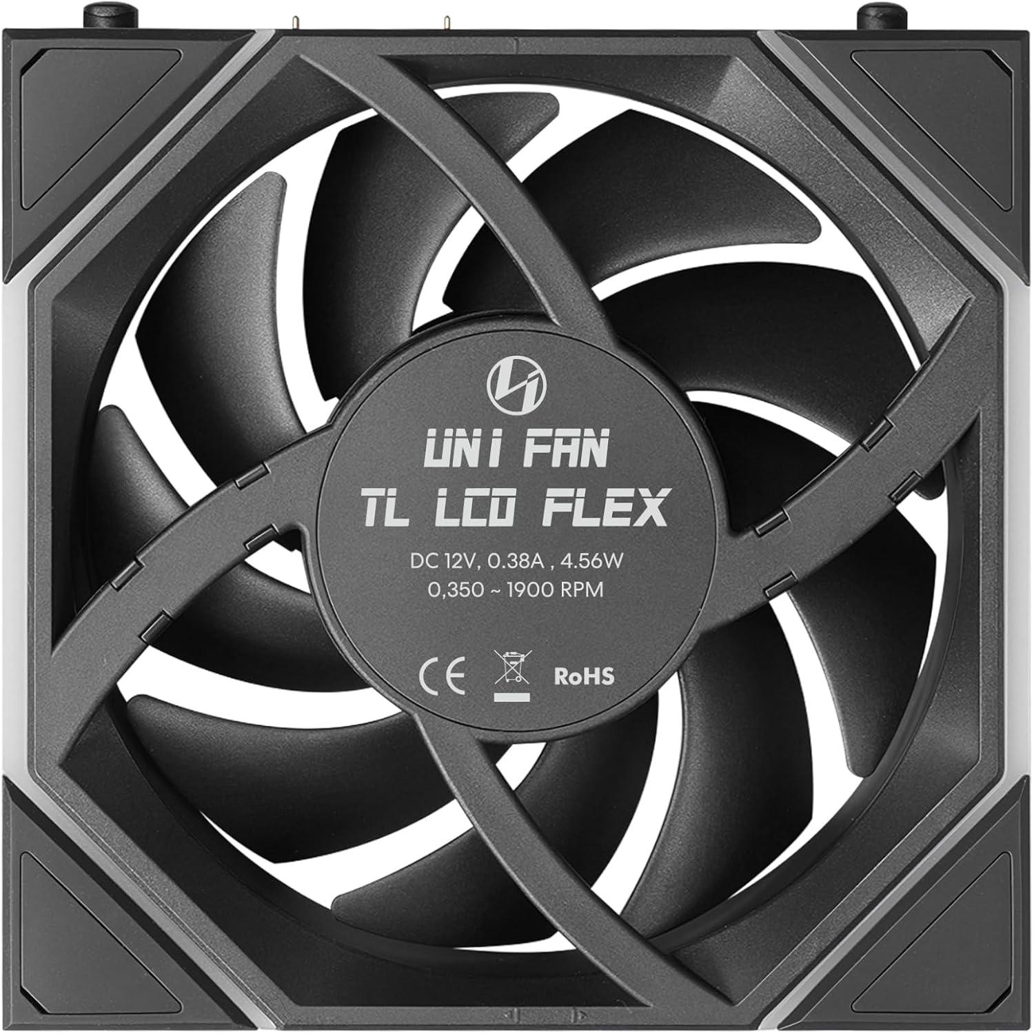 A large main feature product image of Lian LI UNI FAN TL120 LCD FLEX - 120mm Modular LCP Wireless PWM Fan (Black)