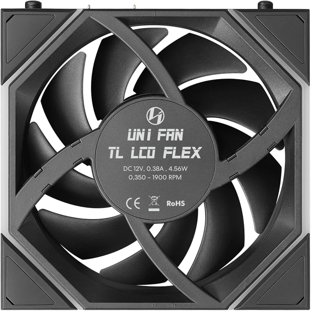 A large main feature product image of Lian LI UNI FAN TL120 LCD FLEX - 120mm Modular LCP Wireless PWM Fan (Black)