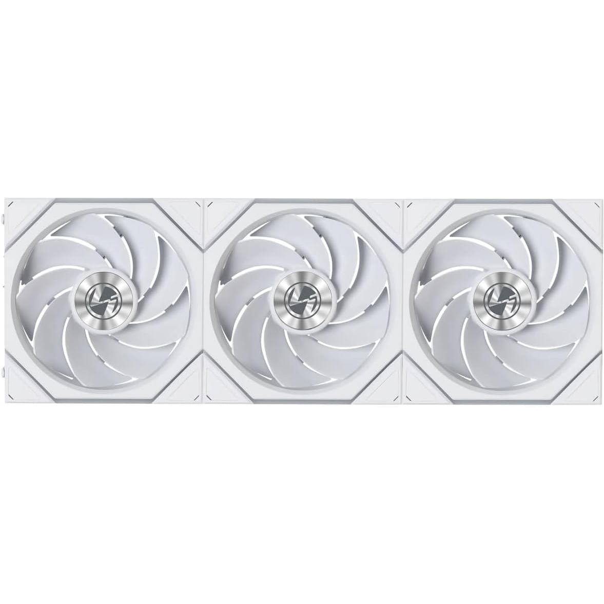 A large main feature product image of Lian LI UNI FAN TL120 FLEX - 120mm Modular LCP Wireless PWM Reverse Blade Fan 3-Pack (White)