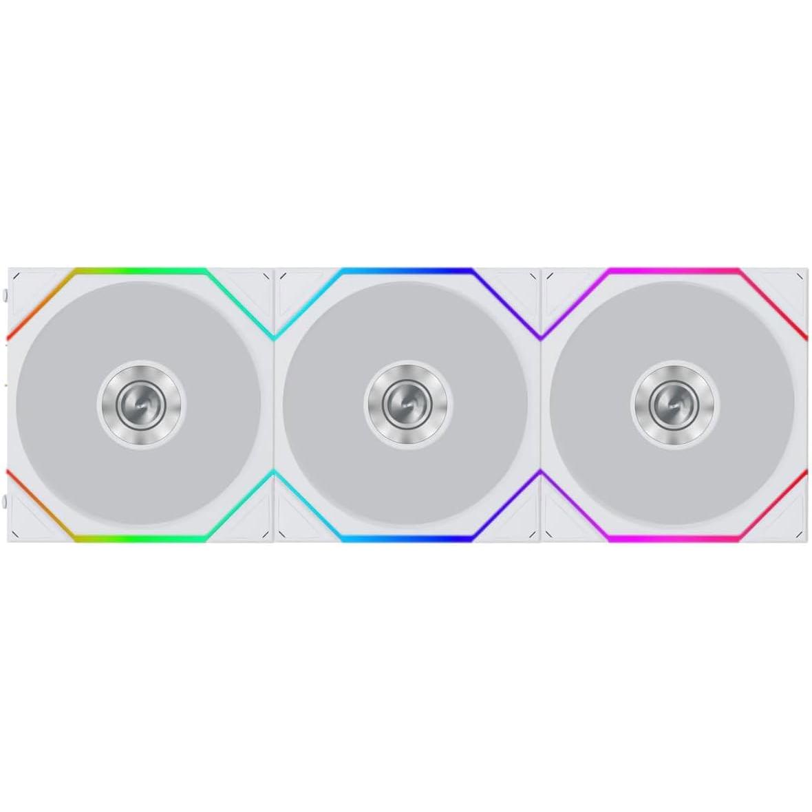 A large main feature product image of Lian LI UNI FAN TL120 FLEX - 120mm Modular LCP Wireless PWM Reverse Blade Fan 3-Pack (White)