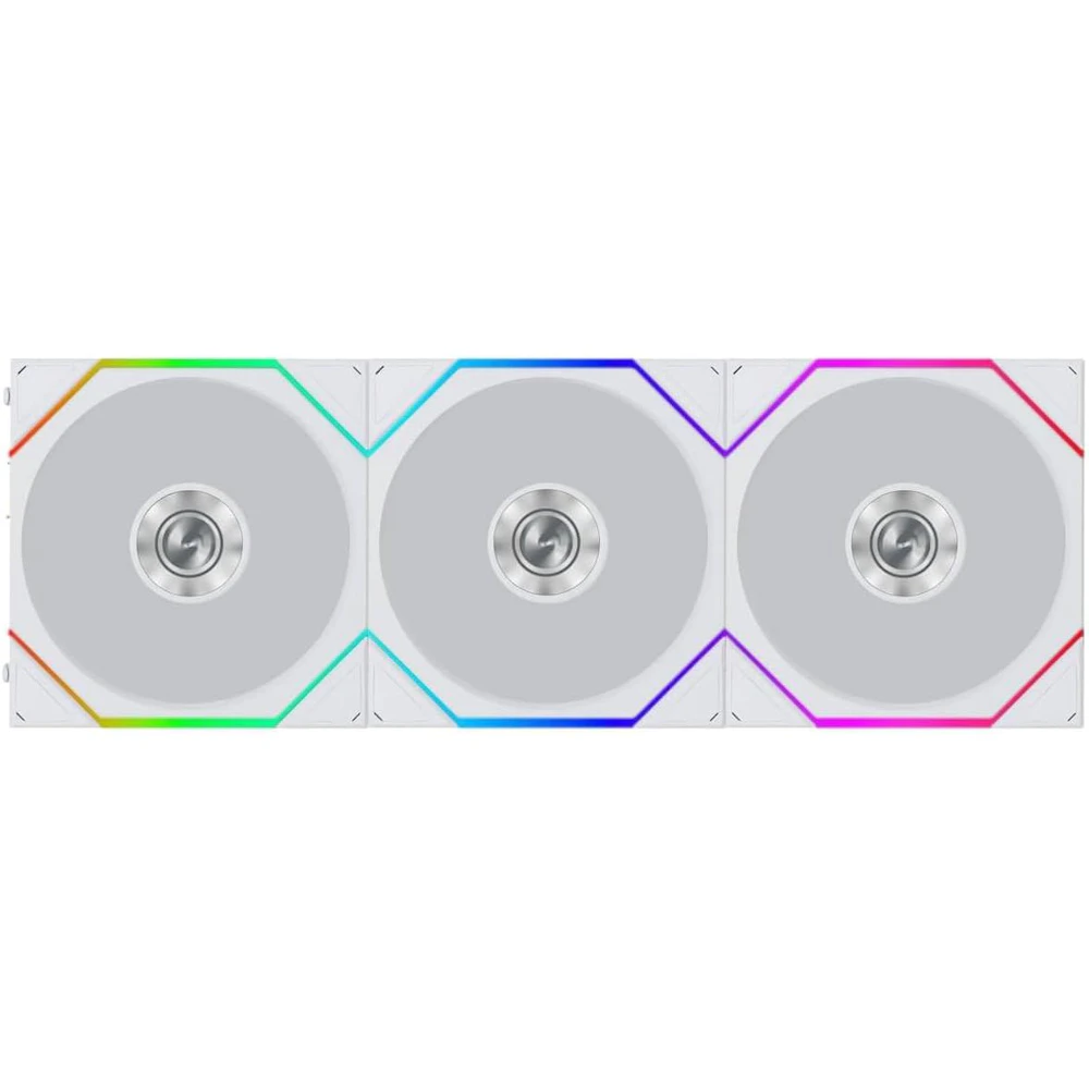 A large main feature product image of Lian LI UNI FAN TL120 FLEX - 120mm Modular LCP Wireless PWM Reverse Blade Fan 3-Pack (White)